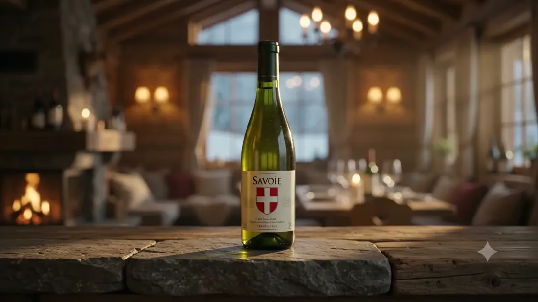 Bouteille de vin de Savoie, croix de Savoie sur l'étiquette