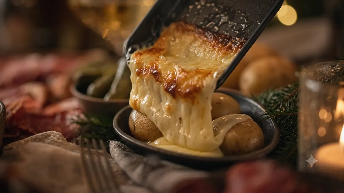 Raclette coulante, tranchée sur les pommes de terre